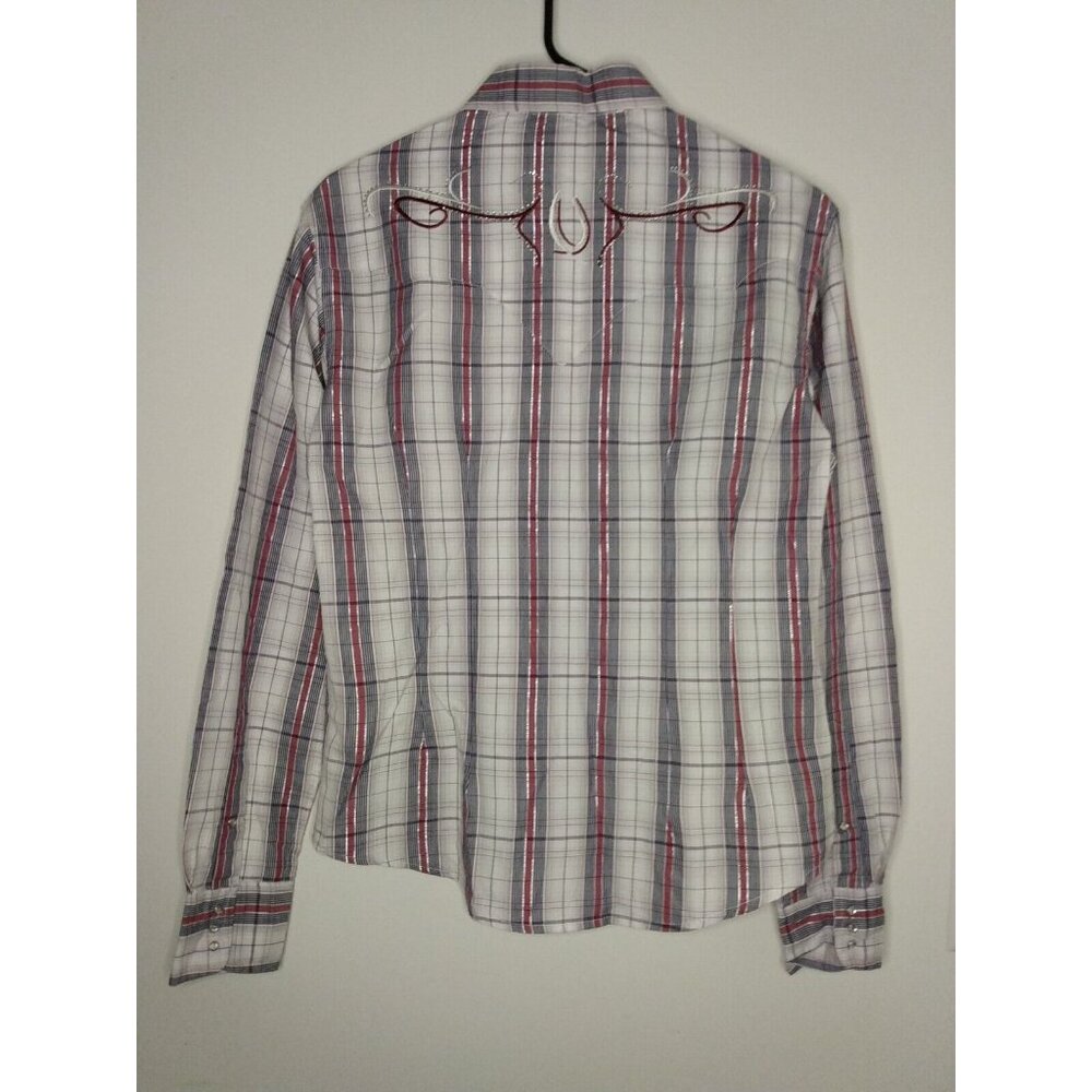 Cowgirl Hardware Rhinestone Snap Shirt Women's Sz M Multicolor Plaid Bling Pearl - Picture 3 of 5